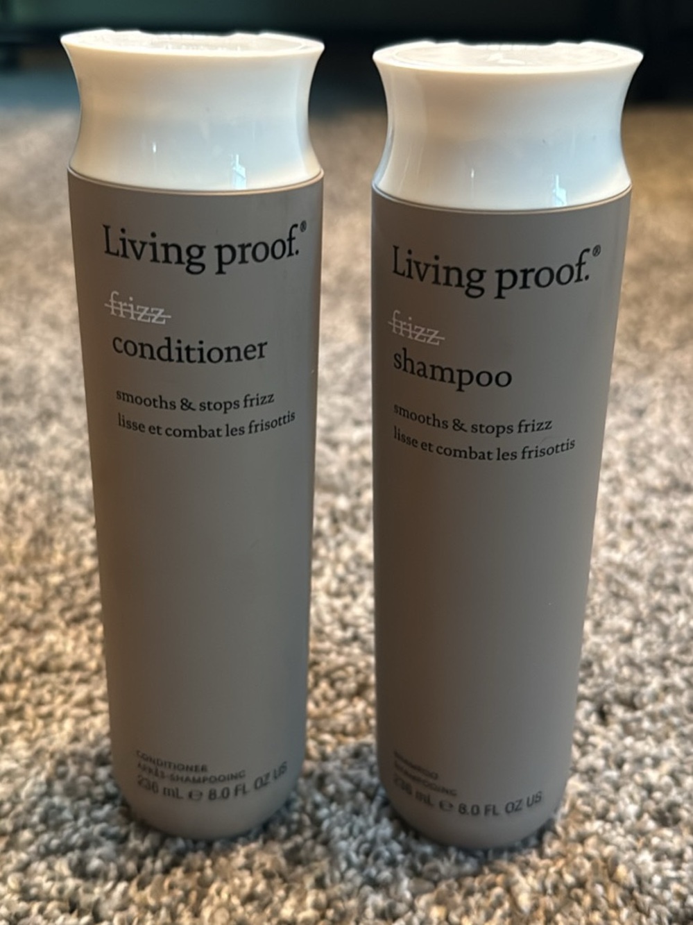 Living Proof frizz Shampoo & Conditioner - taupe and white
